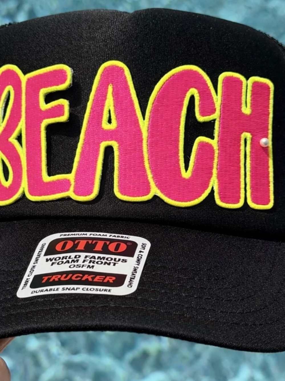 OTTO Black Trucker Hat with Pink & Yellow 'BEACH' Patch